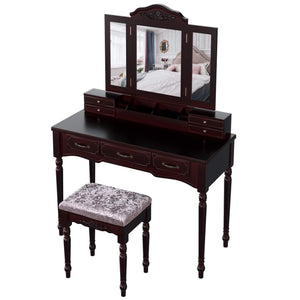 Discover the homecho vanity table set with 7 drawers and 6 makeup organizers removable tri folding mirror and 8 necklace hooks with cushioned stool dark espresso hmc md 010