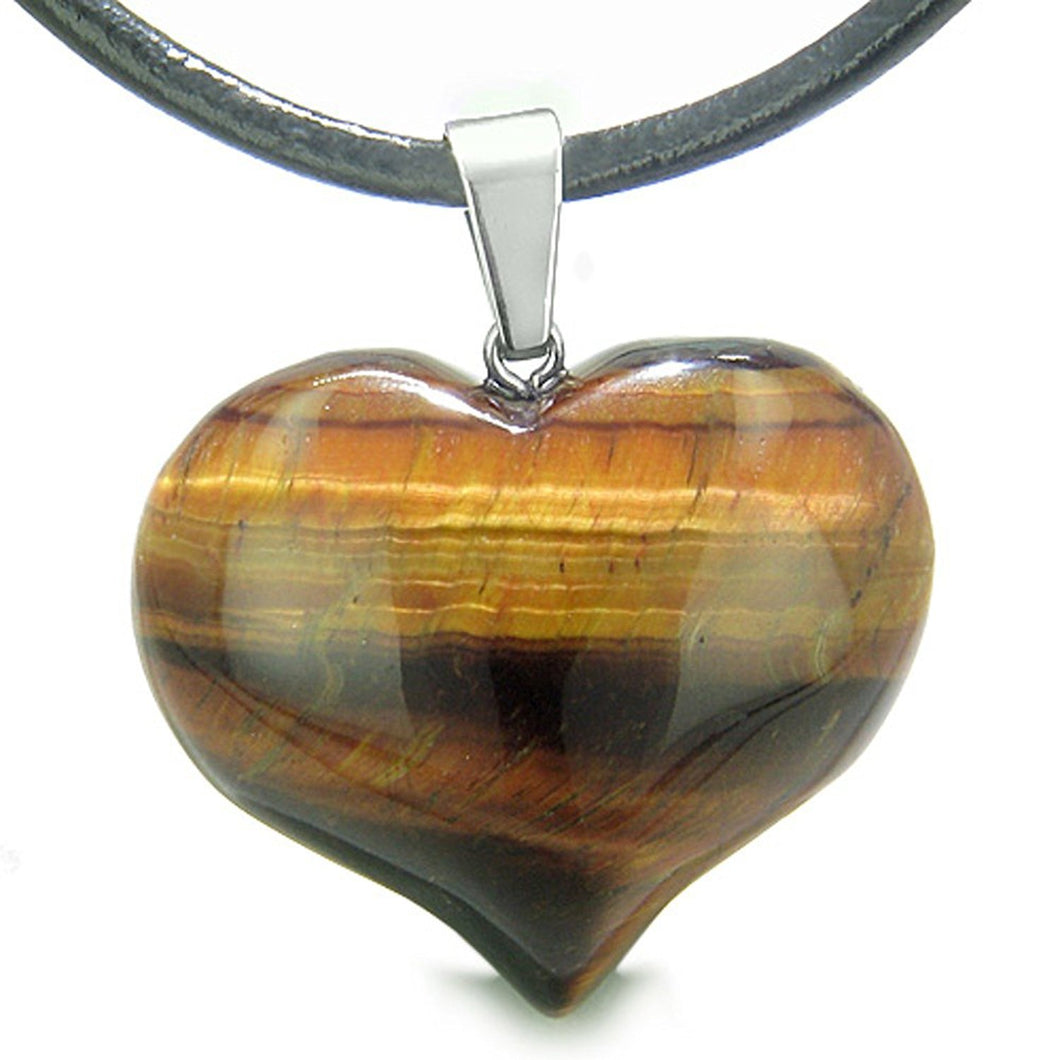 Amulet Large Puffy Heart Red Tiger Eye Gemstone Healing Powers Leather Pendant Necklace