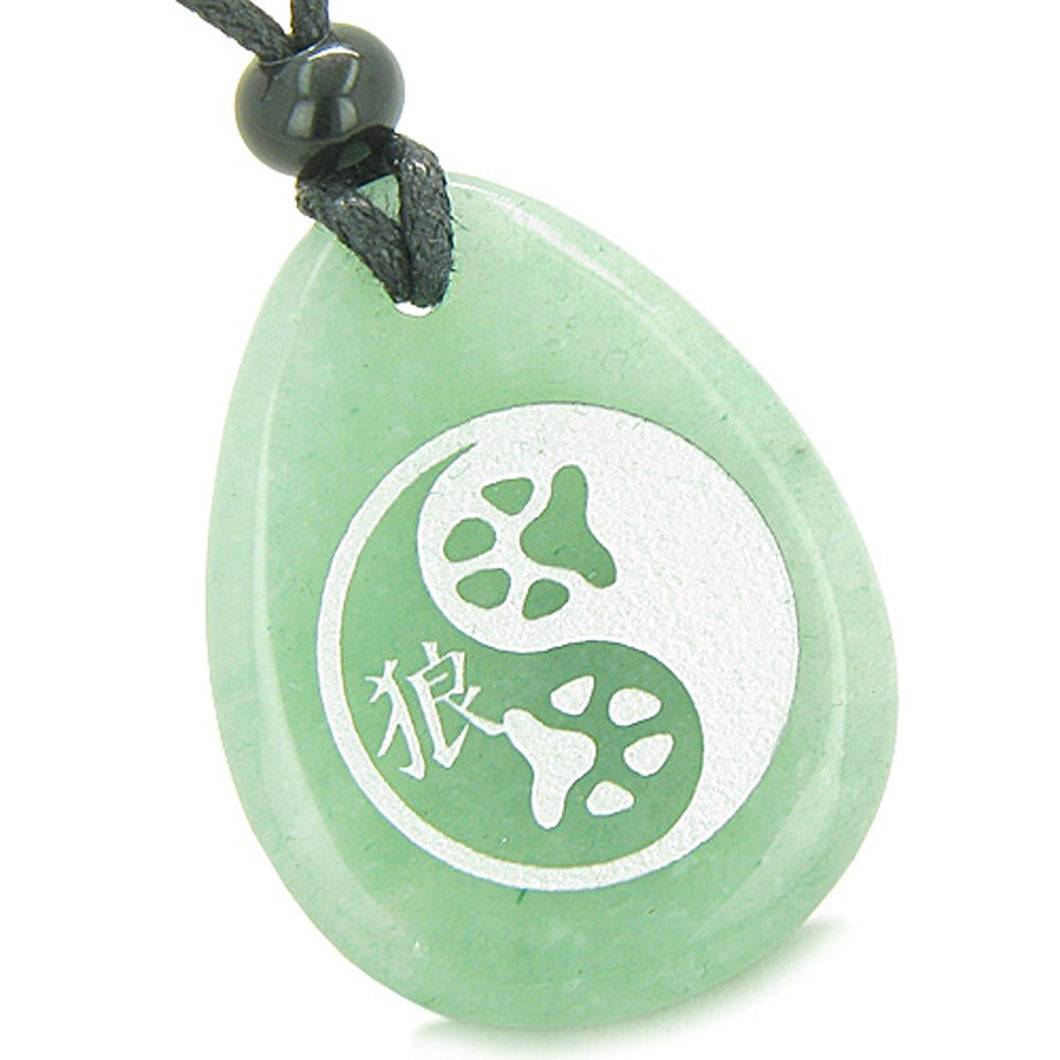 Amulet Wolf Paw Yin Yang Magic Kanji Good Luck Green Quartz Pendant Necklace