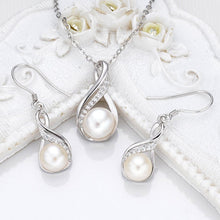 Load image into Gallery viewer, 925 Sterling Silver CZ Cream Freshwater Cultured Pearl Infinity Bridal Necklace Hook Earrings Set Clear