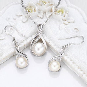 925 Sterling Silver CZ Cream Freshwater Cultured Pearl Infinity Bridal Necklace Hook Earrings Set Clear