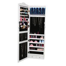 Load image into Gallery viewer, Top mind reader hmled14 wht hanging cabinet 14 led lights wall mounted jewelry armoire organizer with mirror 2 drawers necklaces rings earrings bracelets white