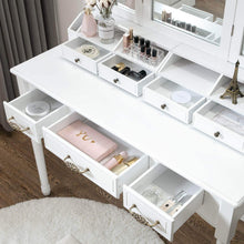 Load image into Gallery viewer, Purchase honbay vanity set tri folding necklace hooked mirror 7 large drawers free organizer 2 makeup brush holders makeup dressing table with cushioned stool for women girls white