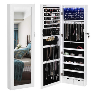 SONGMICS 6 LEDs Mirror Jewelry Cabinet Lockable Wall/Door Mounted Jewelry Armoire Organizer with Mirror, 2 Drawers, Pure White UJJC93W