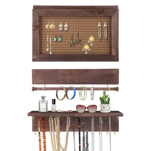 Surophy Rustic Brown Wall Mount Jewelry Organizer, Wall Hanging Jewelry Display with Removable Bracelet Rod from Wooden Wall-Mounted Mesh Jewelry Organizer Wooden Earring Bracelet Holder for Necklace