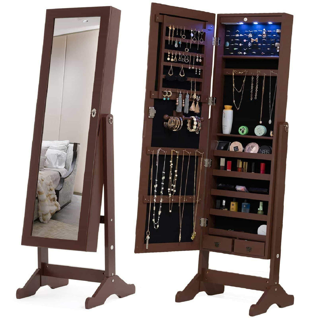 Mecor Jewelry Armoire,LED Standing Mirrored Jewelry Cabinet Organizer Storage Lockable Full Length Mirror Makeup Box w/2 Drawers,5 Shelves,3 Adjustable Angle Brown