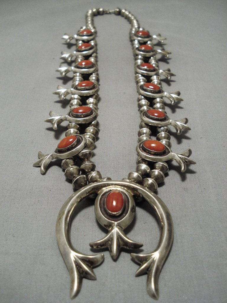 Heavy Vintage Native American Navajo Domed Red Coral Sterling Silver Squash Blossom Necklace Old