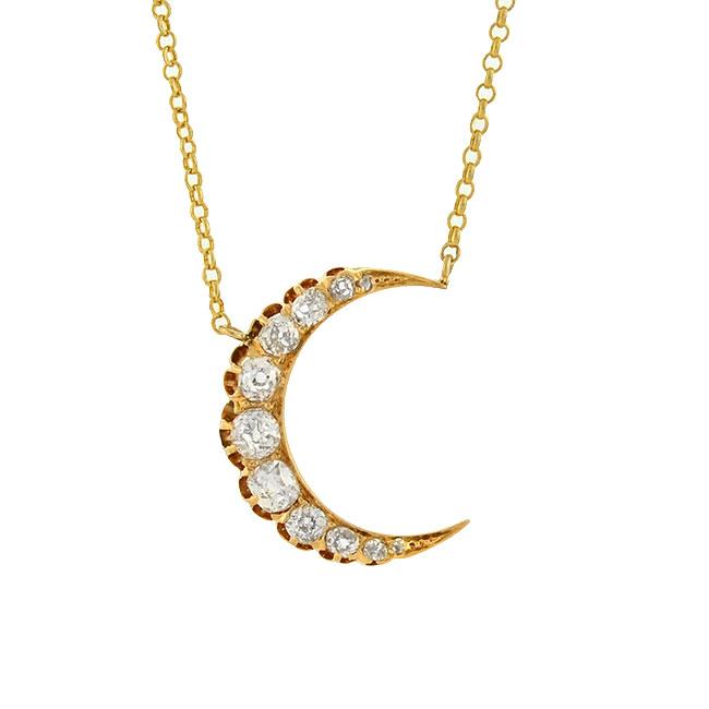 Victorian 14kt Mine Cut Diamond Crescent Moon Necklace 0.85ctw