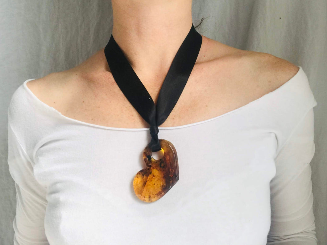 Large Amber Heart Slab Pendant on a Silk Satin Ribbon