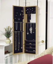 Load image into Gallery viewer, Shop plaza astoria over the door wall mount jewelry armoire with full length dressing mirror and vanity mirror for earrings necklaces and rings oak
