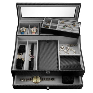 Jewelry Valet Tray for Men| Sleek Dresser-Organizer Box for Storage & Display| Perfect for Phone, Watches, Sunglasses, Jewelry, Wallet, Rings, Necklace & More| Carbon Fiber & Faux Leather