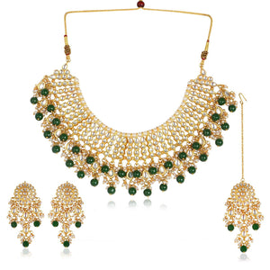 Kundan Necklace set with Green Beads Tassels