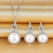 Load image into Gallery viewer, 925 Sterling Silver CZ AAA Button Cream Freshwater Cultured Pearl Bridal Jewelry Necklace Earrings Set
