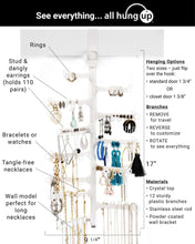 Load image into Gallery viewer, Best seller  all hung up 12 tier extra capacity over the door or wall mounted jewelry organizer display everything save space long necklaces earrings 110 pairs rings bracelets white