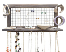 Load image into Gallery viewer, Explore socal buttercup rustic jewelry organizer wall mount with bracelet pegs necklace holder earring hanger hanging mounted wooden shelf to display earrings necklaces and accessories from