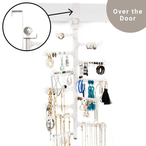 Try all hung up 12 tier extra capacity over the door or wall mounted jewelry organizer display everything save space long necklaces earrings 110 pairs rings bracelets white