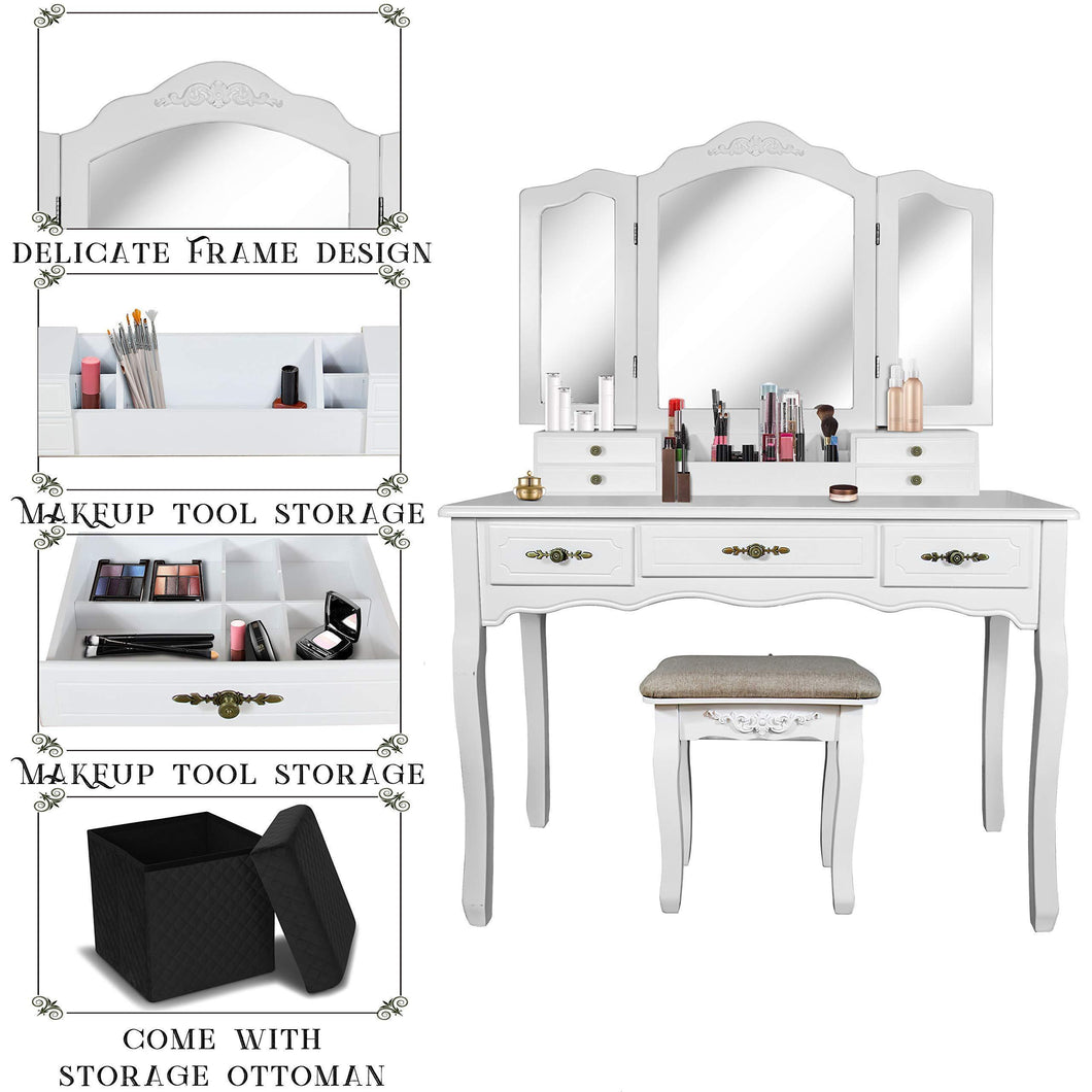 Select nice vanity beauty station tri folding necklace hooked mirrors 6 organization 7 drawers makeup dress table with cushioned stool and storage ottoman white
