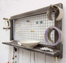 Load image into Gallery viewer, Get socal buttercup rustic jewelry organizer wall mount with bracelet pegs necklace holder earring hanger hanging mounted wooden shelf to display earrings necklaces and accessories from