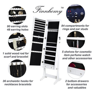 Top rated finnhomy lockable mirrored jewelry armoire storage organizer free standing makeup cabinet holder w led light stand for ring necklace earring cosmetics broach bracelet white