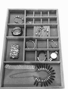 The best jewelry drawer organizer wood and velvet for jewels rings necklaces bracelets 20 compartments protects jewelry stackable durable and made in usa gray silver