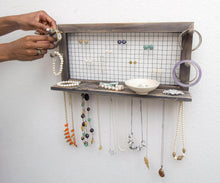 Load image into Gallery viewer, Home socal buttercup rustic jewelry organizer wall mount with bracelet pegs necklace holder earring hanger hanging mounted wooden shelf to display earrings necklaces and accessories from