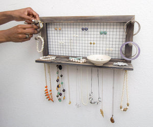 Home socal buttercup rustic jewelry organizer wall mount with bracelet pegs necklace holder earring hanger hanging mounted wooden shelf to display earrings necklaces and accessories from
