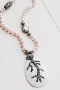 Pink Pearls and Crystal Necklace with Black Crystal Beads and Mother of Pearl Pendant