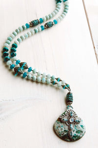 Ocean Jasper and Silver Blue Apatite Cross Pendant on Amazonite, Czech and Blue Patina Beads Necklace