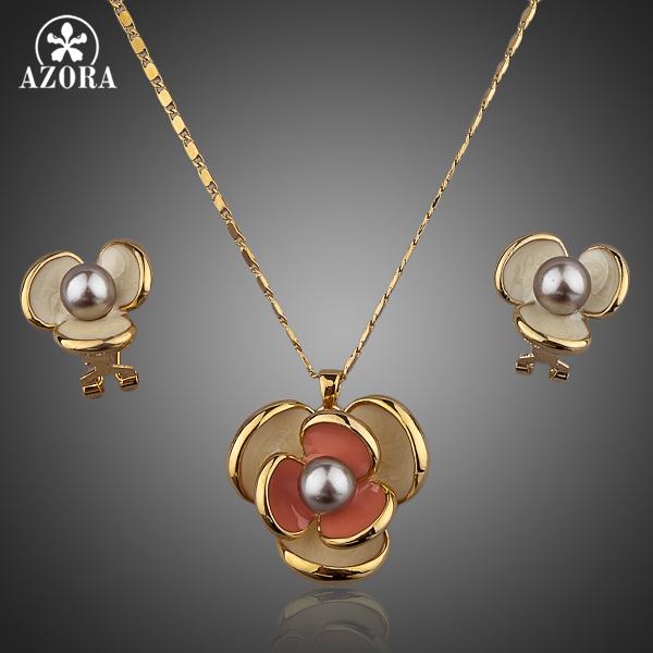 AZORA Classic Gold Color Flower Design Clip Earring and Pendant Necklace Set TG0023