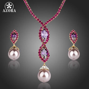 AZORA Gorgeous Gold Color Cubic Zirconia and Pearl Pendant Necklace and Earrings Jewelry Sets TG0166