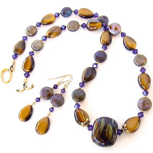 Yvonne: Art Glass Necklace with Tigers Eye Gemstones