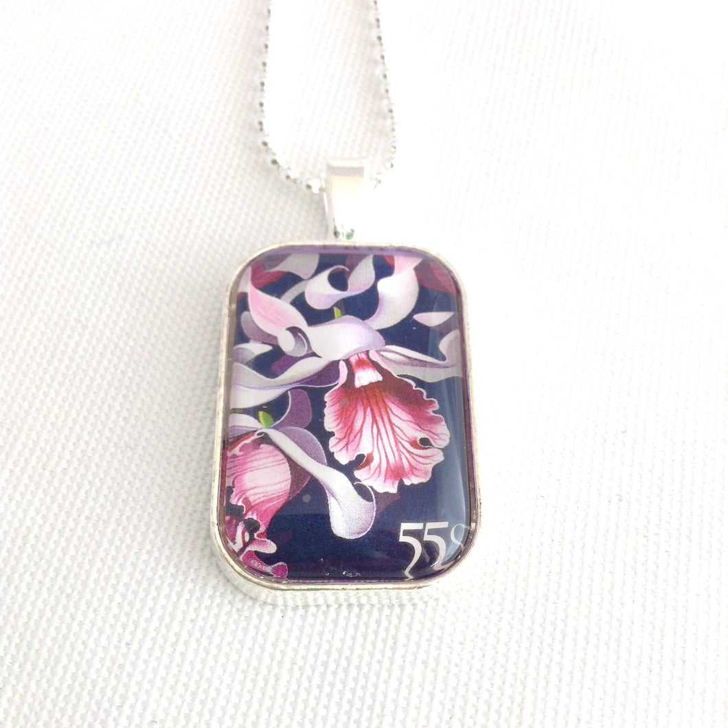 wildflower pendant necklace, native Australian orchid, 1986 postage stamp
