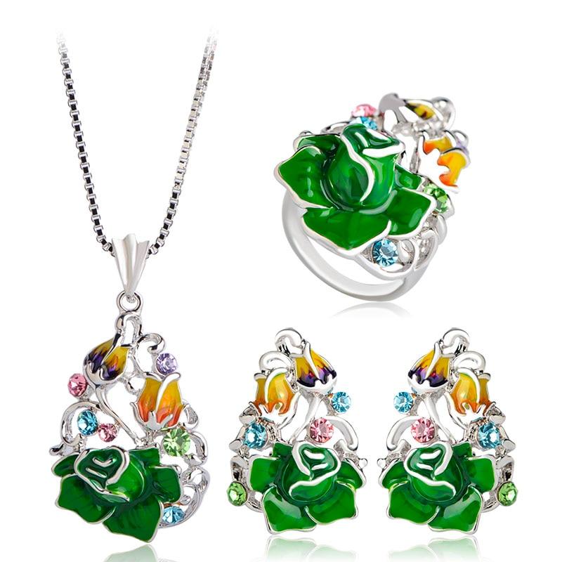 Blucome 2018 Trendy Rose Flower Jewelry Set For Women Party Wedding Accessories Green Enamel Pendant Necklace Earrings Ring Sets