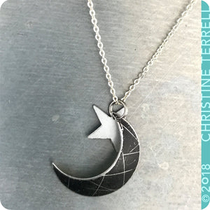 Black Crescent Moon & White Star Tin Recycled Necklace Tin Anniversary Gift