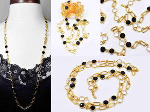 Vintage Swarovski Crystal Bezel Necklace, Gold, Black & Clear, Paperclip Chain, Fancy Chain, 33" Long, Swan Mark, So Unique! #c388