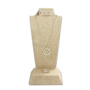 #F9-18(LN) Tall Undyed Color 100% Organic Hemp Linen Covered Combination Necklace, Earring, and Ring Display Stand