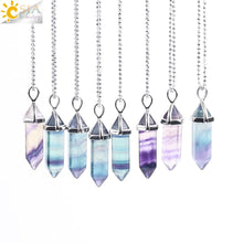 Load image into Gallery viewer, CSJA Fluorite Necklace Pendant Natural Gem Stone Quartz Bullet Hexagonal Point Pendulum Column Reiki Healing Chakra Jewelry E546