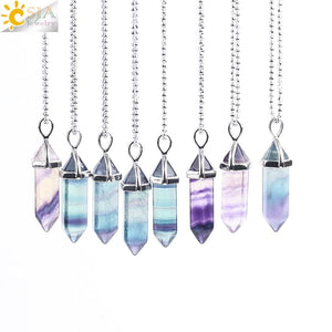 CSJA Fluorite Necklace Pendant Natural Gem Stone Quartz Bullet Hexagonal Point Pendulum Column Reiki Healing Chakra Jewelry E546