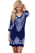 Load image into Gallery viewer, Her Retro Navy Blue Tribal Style Pattern Flattering Short Dress