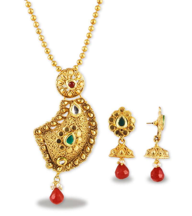 22K Goldplated Traditional Red Stone Jewellery Set