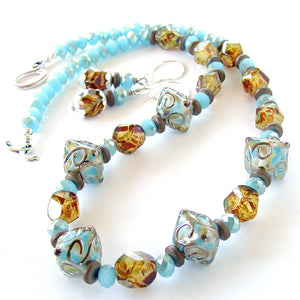Jocasta: Light Blue Crystal Necklace with Art Glass