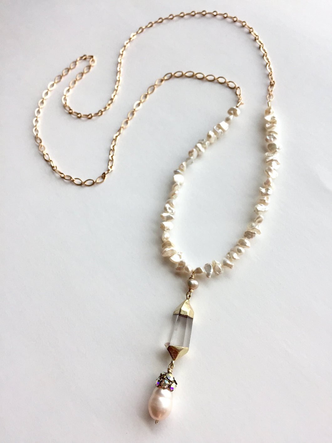 Long Pearl and Quartz Pendant Necklace