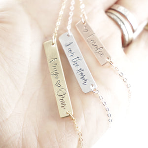 Personalized 1/4" bar charm necklace - Sterling Silver, Gold Filled or Rose Gold Filled