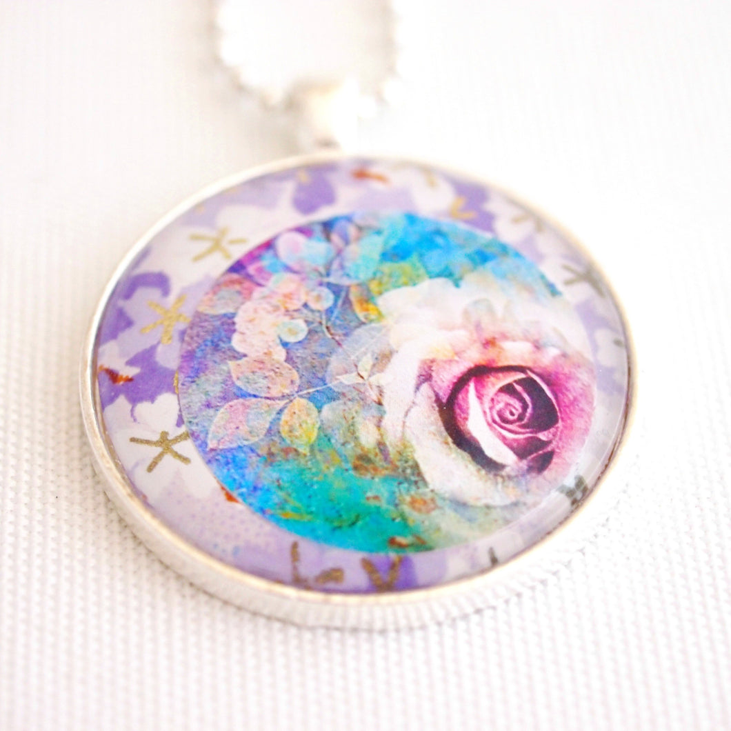 rose necklace, chiyogami paper collage, round pendant