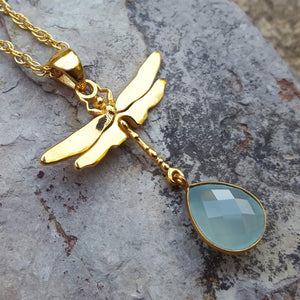 DRAGONFLY AQUA CHALCEDONY GOLD NECKLACE