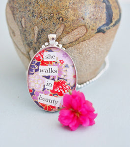 she walks in beauty, necklace, Byron poetry quote pendant