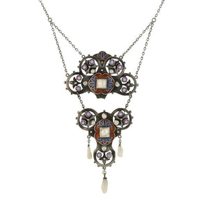 Arts & Crafts German Sterling Amethyst, Pearl + Enameled Necklace