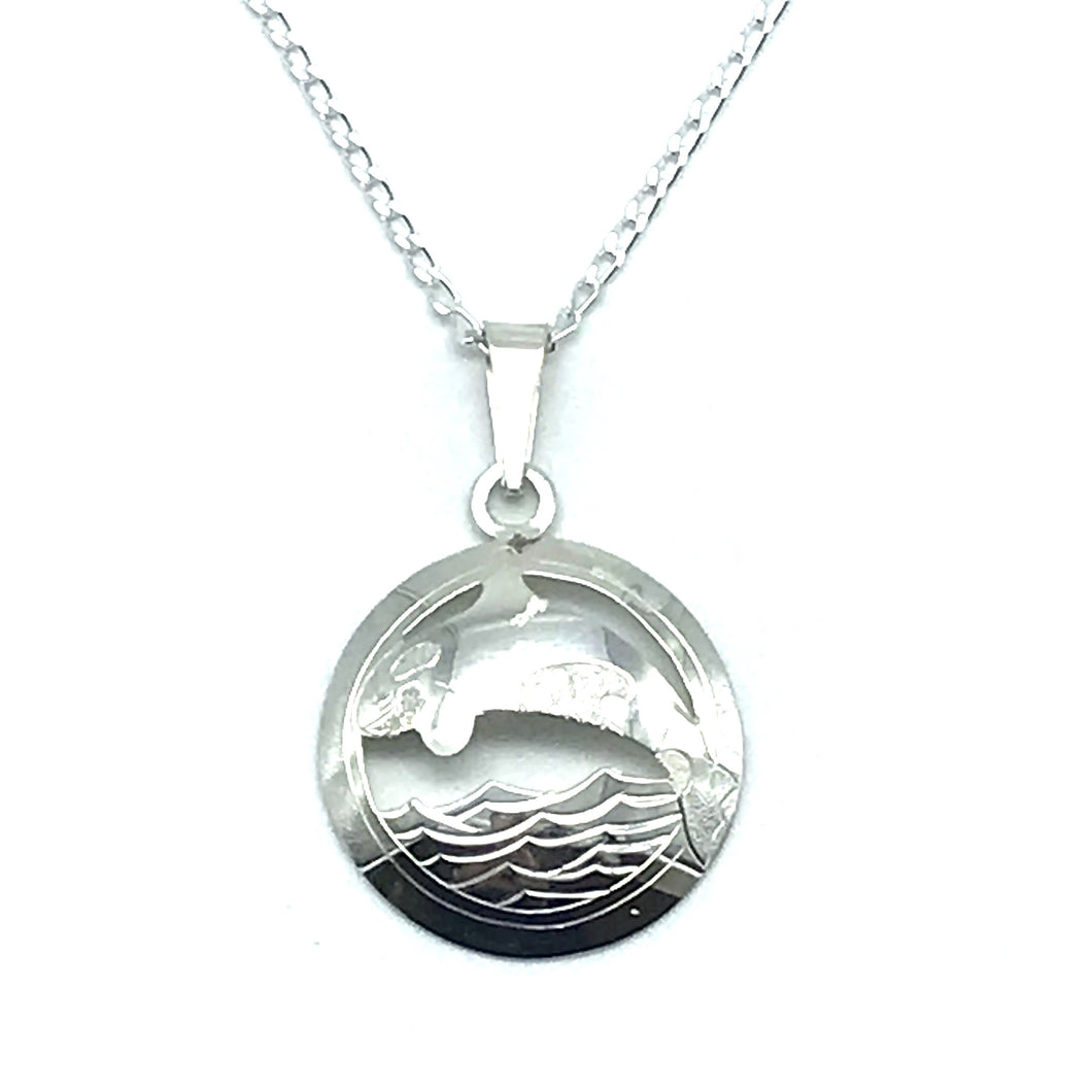 Sterling Silver Orca in Circle Pendant Necklace