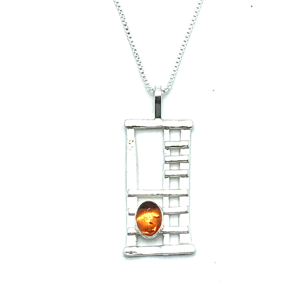 Open Fused Sterling Silver Pendant Necklace with Amber
