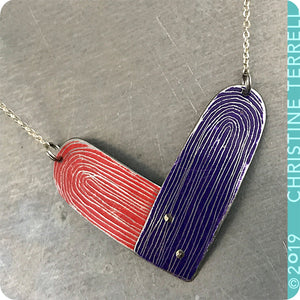 Scarlet and Royal Purple Etched Tin Heart Recycled Necklace